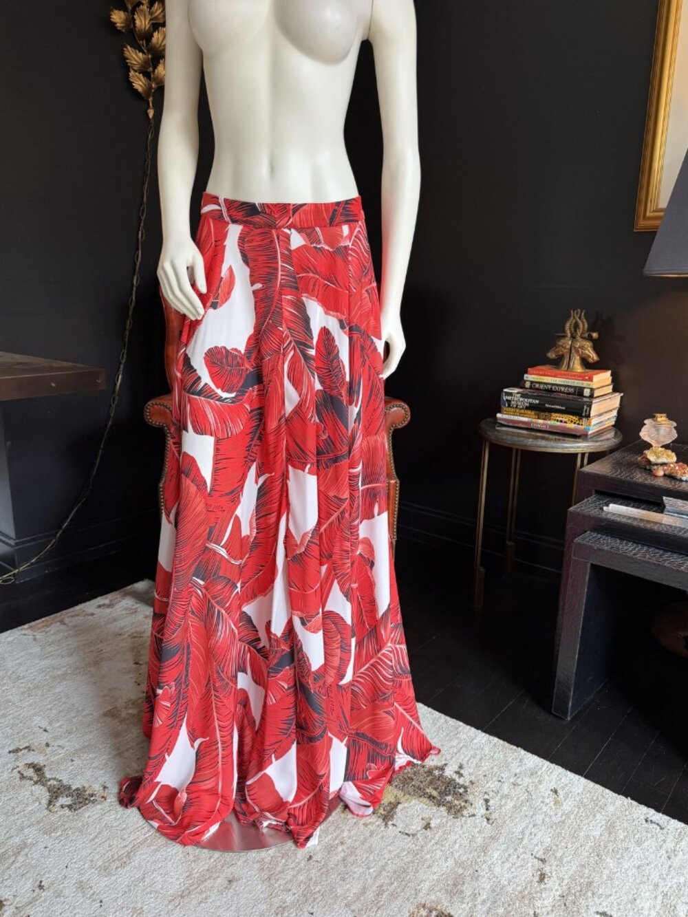 Banjul Red & White Palm Print Flowy Maxi Skirt M
